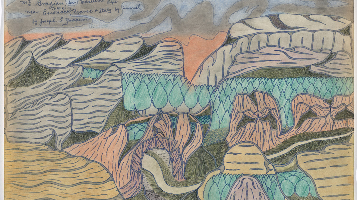 Joseph E. Yoakum. Mt Grazian in Maritime Alps near Emonaco Tunnel France and Italy by Tunnel. stamped 1958. Black ballpoint pen, blue felt-tip pen, and colored pencil on paper, 12 x 19&#34; (30.5 x 48.3 cm). Gift of the Raymond K. Yoshida Living Trust and Kohler Foundation, Inc. Photo: Robert Gerhardt