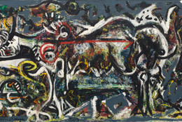 Jackson Pollock. The She-Wolf. 1943. Oil, gouache, and plaster on canvas, 41 7/8 x 67&#34; (106.4 x 170.2 cm). Purchase, 1944. ©️ 2022 Pollock-Krasner Foundation / Artists Rights Society (ARS), New York