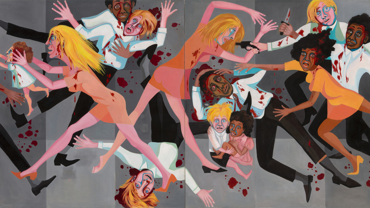 Faith Ringgold. American People Series #20: Die. 1967. Oil on canvas, two panels, 72 × 144&#34; (182.9 × 365.8 cm). Acquired through the generosity of The Modern Women’s Fund, Ronnie F. Heyman, Glenn and Eva Dubin, Lonti Ebers, Michael S. Ovitz, Daniel and Brett Sundheim, and Gary and Karen Winnick