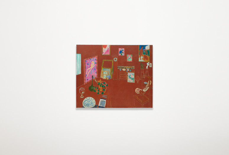 Henri Matisse. The Red Studio. 1911. Oil on canvas. The Museum of Modern Art, New York. Mrs. Simon Guggenheim Fund. ©️ 2022 Succession H. Matisse/Artists Rights Society (ARS), New York Image description: A landscape-oriented painting of a room with framed artwork piled against the wall. Paintings and sculptures are displayed on tables, stools, and the walls. The entire room is painted a rusty red color, from floor to ceiling, including pieces of furniture and a grandfather clock in the center of the space.