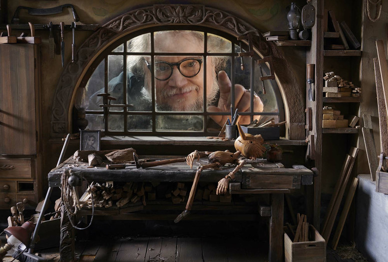 Guillermo del Toro on the set of Guillermo del Toro’s Pinocchio, 2022. Image courtesy Jason Schmidt/Netflix.