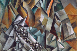 Pablo Picasso. Still Life with Liqueur Bottle. Horta de San Joan, August 1909. Oil on canvas, 32 1/8 x 25 3/4&#34; (81.6 x 65.4 cm). Mrs. Simon Guggenheim Fund. © 2022 Estate of Pablo Picasso / Artists Rights Society (ARS), New York