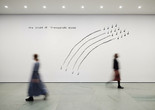 Installation view, Christine Sun Kim. The Sound of Temperature Rising. 2019. Screenprint on wall, dimensions variable. Fund for the Twenty-First Century. ©️ Christine Sun Kim Image description: A horizontally oriented photograph shows a black screenprinted artwork on a white gallery wall with two blurry museum visitors walking by. On the wall, four black lines arc upwards from left to right in the shape of a half rainbow. A musical note is at the base of each line and four musical notes are at the top of each line. The words “The Sound of Temperature Rising” are printed in black across the top of the wall.