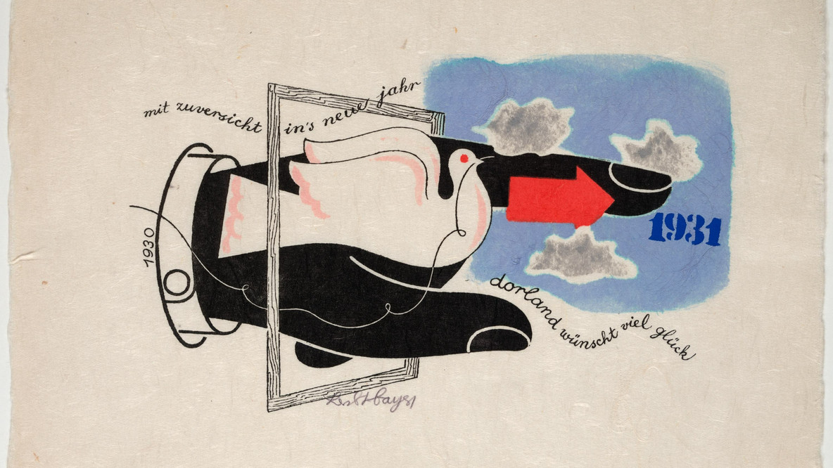 Herbert Bayer. Mit Zuversicht in&#39;s neue Jahr Dorland wünscht viel Glück, 1930-1931. Letterpress and pochoir, 8 1/4 × 11 1/2&#34; (21 × 29.2 cm). Jan Tschichold Collection, Gift of Philip Johnson. © 2023 Artists Rights Society (ARS), New York/VG Bild-Kunst, Bonn