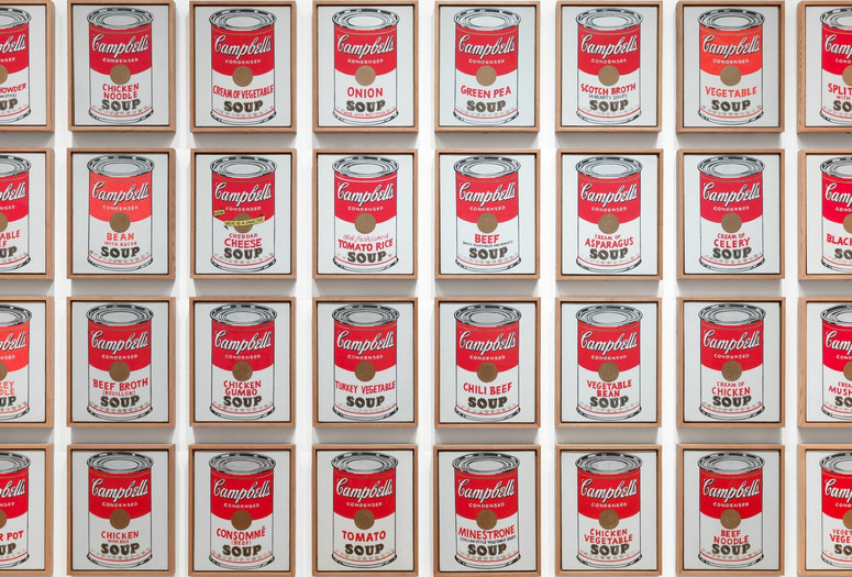 Andy Warhol. Campbell’s Soup Cans. 1962. Acrylic with metallic enamel paint on canvas, 32 panels. The Museum of Modern Art, New York. Partial gift of Irving Blum Additional funding provided by Nelson A. Rockefeller Bequest, gift of Mr. and Mrs. William A. M. Burden, Abby Aldrich Rockefeller Fund, gift of Nina and Gordon Bunshaft, acquired through the Lillie P. Bliss Bequest, Philip Johnson Fund, Frances R. Keech Bequest, gift of Mrs. Bliss Parkinson, and Florence B. Wesley Bequest (all by exchange). ©️ 2023 Andy Warhol Foundation/ARS, NY/TM. Licensed by Campbell’s Soup Co. All rights reserved Image description: A painting made up of 32 individually framed panels, displayed in four horizontal rows of eight and each depicting a can of soup. Each soup can is painted in red, white, and gold, defined by a clean, graphic style and black outlines. All the cans face front and the labels follow a strict formula. The top half of each label is tomato-red featuring two lines of text. The word “Campbell’s” is written in white, cursive script emphasized by a black drop shadow. The word “condensed” appears below in smaller white capital letters. The lower half of the can’s label is white, with the name of the soup variety in red block letters. Each of the 32 cans depicts a different flavor, such as Chicken Noodle or Clam Chowder. Below the flavor, the word “soup” appears in ornate black and gold letters. Below that, a row of small gold fleurs-de-lis, forms a border around the can’s bottom edge. At the center of each label, a coin-sized circle of swirled gold paint buttons together the red and white halves of the label.
