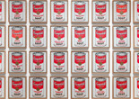 Andy Warhol. Campbell’s Soup Cans. 1962. Acrylic with metallic enamel paint on canvas, 32 panels. The Museum of Modern Art, New York. Partial gift of Irving Blum Additional funding provided by Nelson A. Rockefeller Bequest, gift of Mr. and Mrs. William A. M. Burden, Abby Aldrich Rockefeller Fund, gift of Nina and Gordon Bunshaft, acquired through the Lillie P. Bliss Bequest, Philip Johnson Fund, Frances R. Keech Bequest, gift of Mrs. Bliss Parkinson, and Florence B. Wesley Bequest (all by exchange). ©️ 2023 Andy Warhol Foundation/ARS, NY/TM. Licensed by Campbell’s Soup Co. All rights reserved Image description: A painting made up of 32 individually framed panels, displayed in four horizontal rows of eight and each depicting a can of soup. Each soup can is painted in red, white, and gold, defined by a clean, graphic style and black outlines. All the cans face front and the labels follow a strict formula. The top half of each label is tomato-red featuring two lines of text. The word “Campbell’s” is written in white, cursive script emphasized by a black drop shadow. The word “condensed” appears below in smaller white capital letters. The lower half of the can’s label is white, with the name of the soup variety in red block letters. Each of the 32 cans depicts a different flavor, such as Chicken Noodle or Clam Chowder. Below the flavor, the word “soup” appears in ornate black and gold letters. Below that, a row of small gold fleurs-de-lis, forms a border around the can’s bottom edge. At the center of each label, a coin-sized circle of swirled gold paint buttons together the red and white halves of the label.