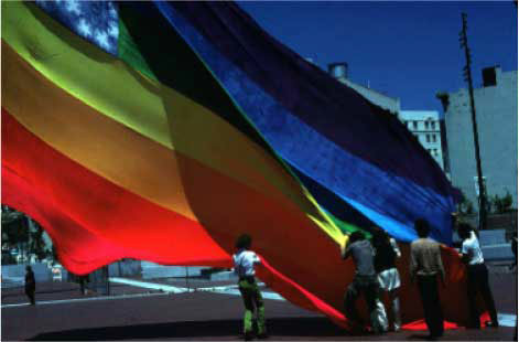 The Original 8-color Rainbow Flag, San Francisco United Nations Plaza, June 25, 1978. Photo: James McNamara