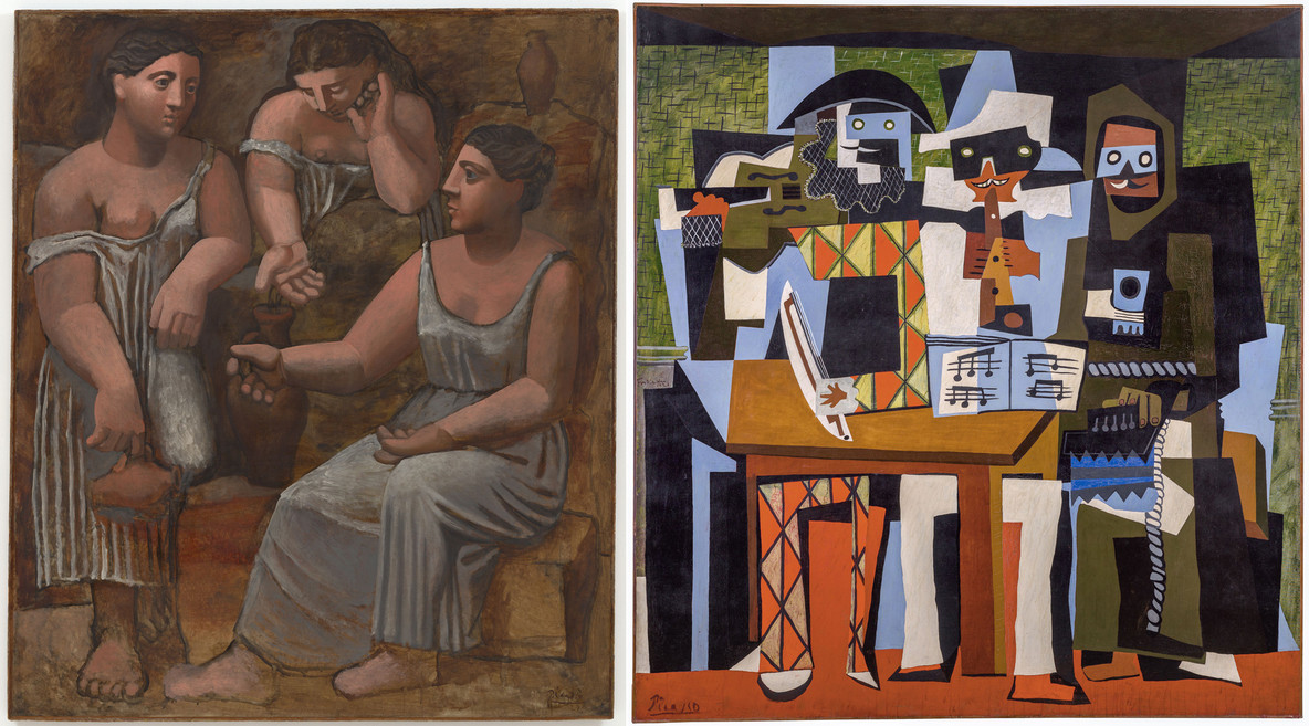 From left: Pablo Picasso. Three Women at the Spring. Fontainebleau, 1921. Oil on canvas, 6' 8 1/4" × 6' 8 1/2" (203.9 × 174 cm). The Museum of Modern Art, New York. Gift of Mr. and Mrs. Allan D. Emil; Pablo Picasso. Three Musicians. Fontainebleau, 1921. Oil on canvas, 6' 8 1/2" × 6' 2 1/8" (204.5 × 188.3 cm). The Philadelphia Museum of Art. A. E. Gallatin Collection, 1952. Both works © 2023 Estate of Pablo Picasso/Artists Rights Society (ARS), New York