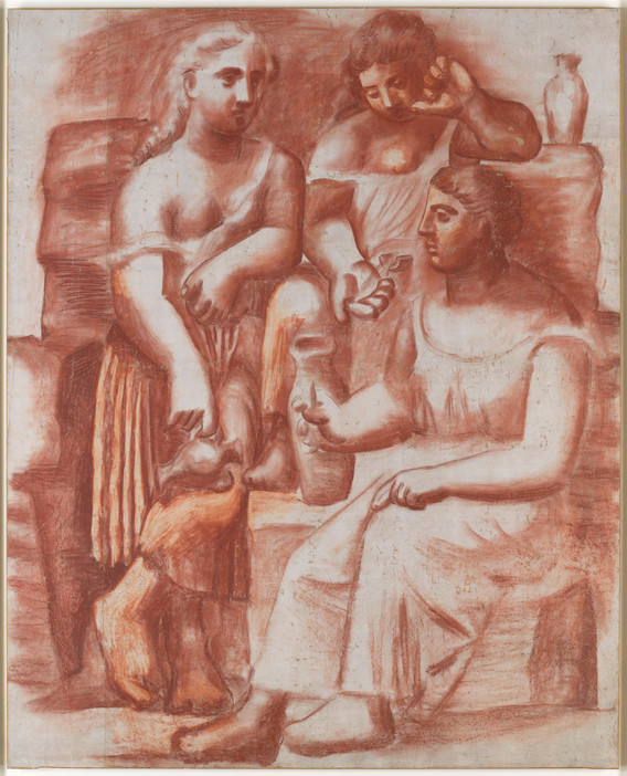 Pablo Picasso. Three Women at the Spring. Fontainebleau, 1921. Red chalk on canvas, 6' 6 3/4" × 63 3/8" (200 × 161 cm). Musée National Picasso–Paris. Dation Pablo Picasso. © 2023 Estate of Pablo Picasso/Artists Rights Society (ARS), New York