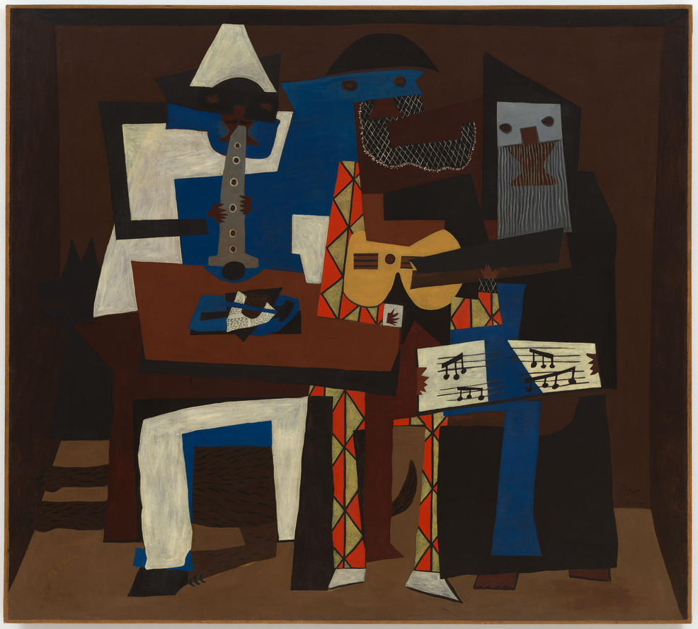 Pablo Picasso. Three Musicians. Fontainebleau, 1921. Oil on canvas, 6' 7" × 7' 3 3/4" (200.7 × 222.9 cm). The Museum of Modern Art, New York. Mrs. Simon Guggenheim Fund. © 2023 Estate of Pablo Picasso/Artists Rights Society (ARS), New York