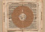 Lenore Tawney. Seed Circle. 1967. Ink on corks and seeds on book pages. The Museum of Modern Art, New York. Gift of Sarah-Ann and Werner H. Kramarsky. © 2023 Lenore Tawney Image description: Beige circular seeds lay in a thick ring, barely divided in half by the binding of the open pages they rest on. Discolored and weathered book pages display medieval calligraphy in dark ink. Five corks, one in the center and four others on the top, bottom, left and right of the circle of seeds, have small notes written in black.