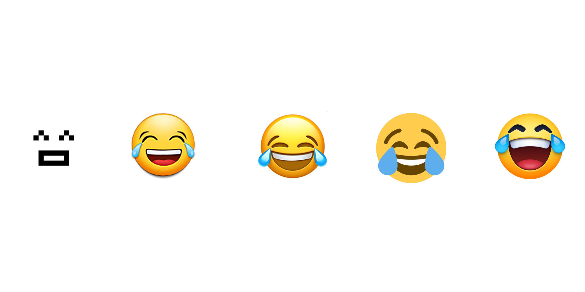 From left: Shigetaka Kurita’s orifinal “smile” emoji; “Face with tears of joy” emoji for Samsung, Apple, Twitter, and Facebook platforms, 2023