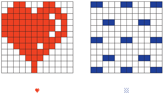 “Heart” and “fog” emoji shown enlarged on a 12 × 12 pixel grid and at actual size