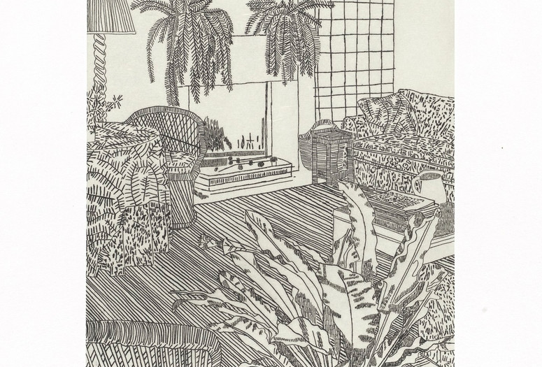 Jonas Wood. Untitled from 8 Etchings. 2014. One from a portfolio of eight etchings with chine collé. The Museum of Modern Art, New York. Acquired through the generosity of John Baldessari, Catie and Donald Marron, and Mary M. and Sash A. Spencer. ©️ 2023 Jonas Wood Image description: A black line etching on off-white paper. A large leafy plant fills the bottom right of the work, partially covering a coffee table holding magazines and a water pitcher. A textured couch sits behind the coffee table. To its left is a fireplace with a mantel holding two long ferns. Further left is a tall lamp, rounded wicker chair, and round table covered by a leafy patterned floor length tablecloth. The scene is tied together with the tight diagonal lines of the floor.
