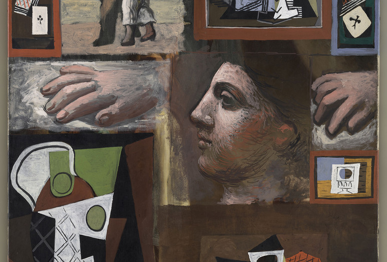 Pablo Picasso. Studies. Paris, 1920–22. Oil on canvas. Musée National Picasso–Paris. Dation Pablo Picasso. © 2023 Estate of Pablo Picasso / Artists Rights Society (ARS), New York Image description: A portrait-oriented painting with a segmented composition resembling a collage, showcasing two different artistic styles by Picasso. A profile of a woman’s face is in the center, painted in his classical style with warm tones and pink skin. Gestural paintings of hands are on either side of her. Cubist abstracted still lifes in white, black, brown, green, and blue tones are painted at the top and bottom of the work, with a portrait of a man and woman dancing at the top left corner.