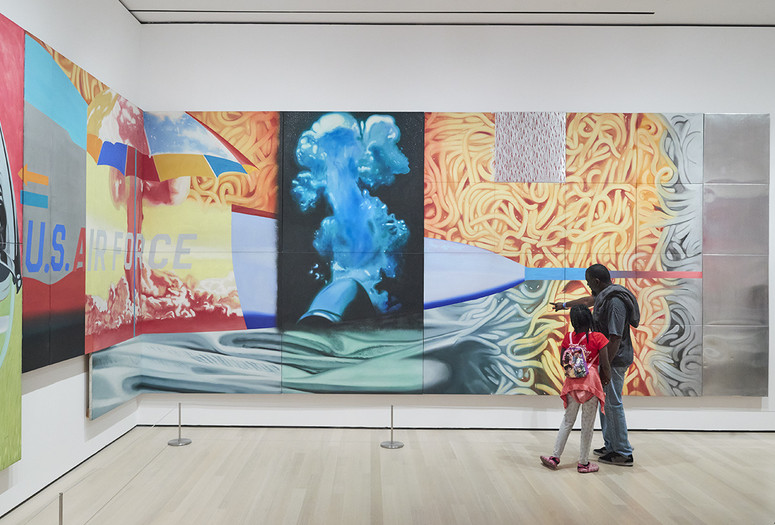 Installation view, James Rosenquist’s F-111, The Museum of Modern Art, New York, October 7, 2022–ongoing. Photo: Gus Powell. Shown: James Rosenquist. F-111. 1964–65. Oil on canvas with aluminum, 23 sections. 10 × 86&#39; (304.8 × 2621.3 cm). Gift of Mr. and Mrs. Alex L. Hillman and Lillie P. Bliss Bequest (both by exchange). © 2011 James Rosenquist/Licensed by VAGA, New York