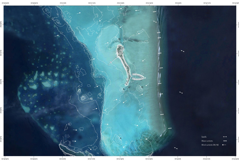 Photo credit: Growing Islands, a project in the Maldives developed by MIT's Self-Assembly Lab and Invena deploying submersible structures to guide natural sand accumulation, helping to rebuild beaches and grow islands without dredging or armoring