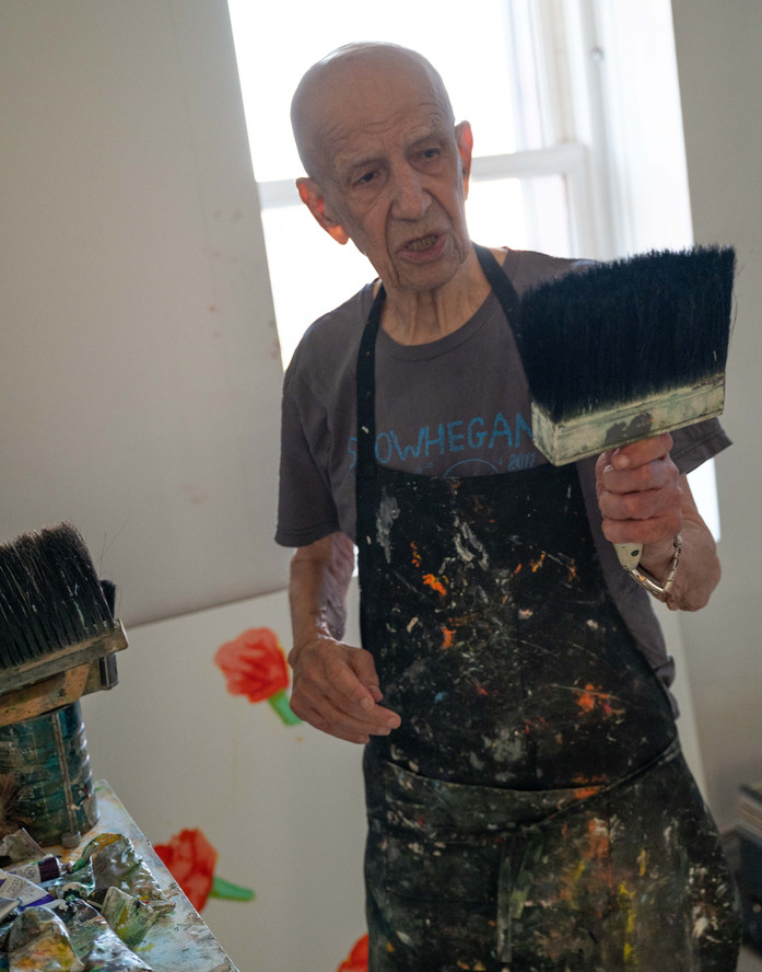Alex Katz showing his six-inch brushes in his downtown studio, New York City, 2024. Photo: Naeem Douglas