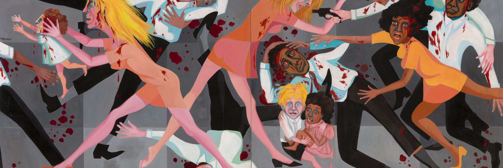 Faith Ringgold. American People Series #20: Die. 1967. Oil on canvas, two panels, 72 × 144&#34; (182.9 × 365.8 cm). The Museum of Modern Art, New York. Acquired through the generosity of The Modern Women&#39;s Fund, Ronnie F. Heyman, Eva and Glenn Dubin, Lonti Ebers, Michael S. Ovitz, Daniel and Brett Sundheim, and Gary and Karen Winnick