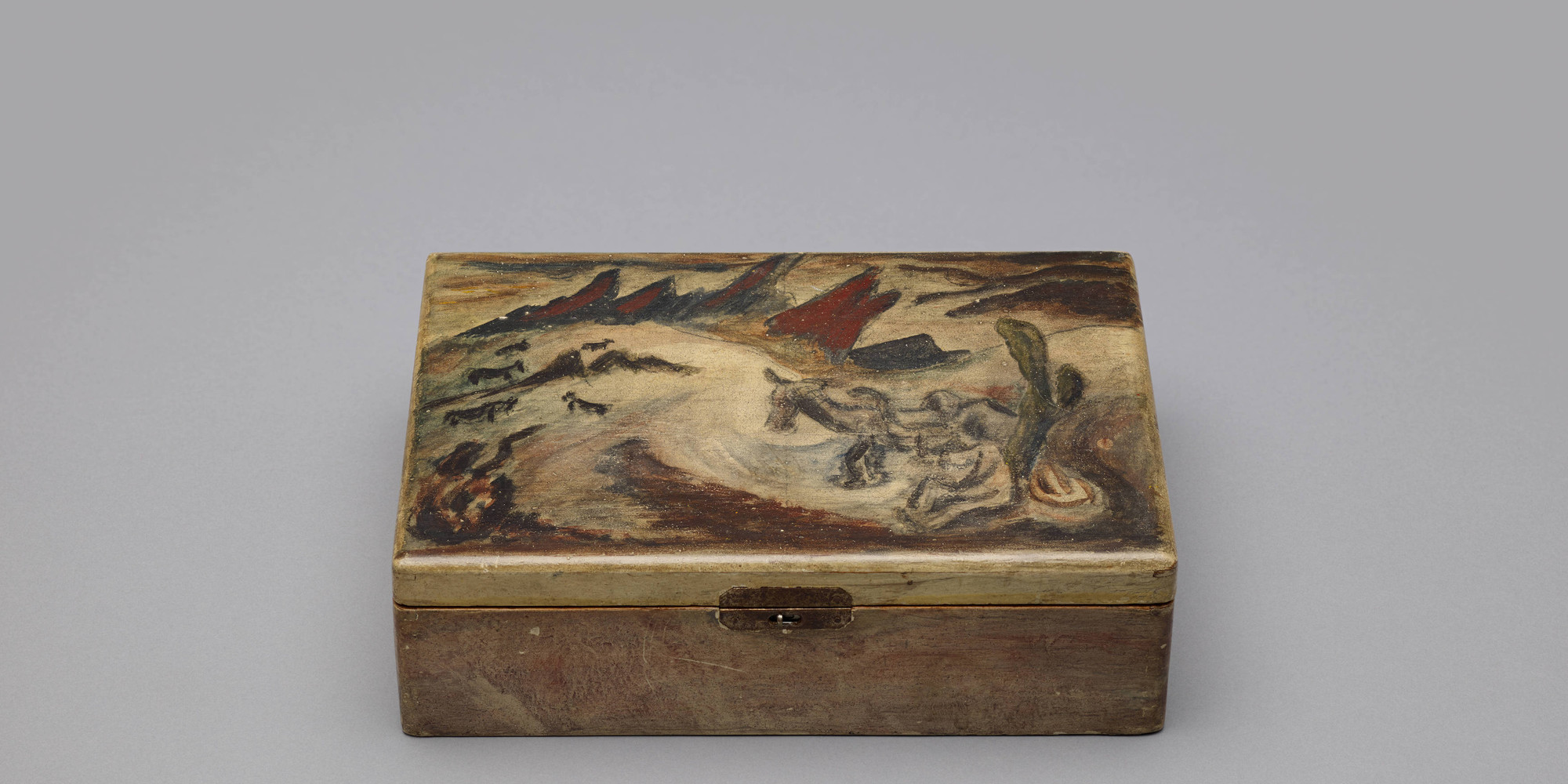 Jackson Pollock. Untitled (Western Scene). c. 1930–33. Oil and crayon on wooden cigar box, 6 1/2 × 9 1/8 × 2 3/4" (16.5 × 23.1 × 6.8 cm). The Museum of Modern Art, New York. Gift of Edwin A. Bergman. © 2024 Pollock-Krasner Foundation/Artists Rights Society (ARS), New York