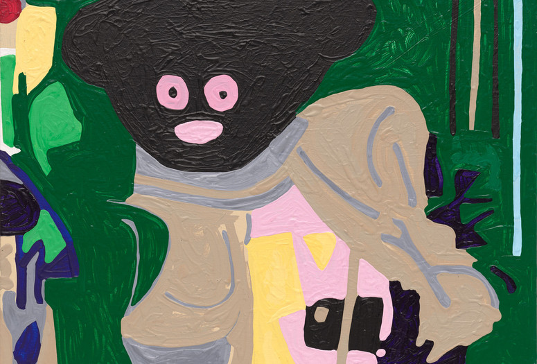 Marlon Mullen. untitled. 2017. Acrylic on canvas. The Museum of Modern Art, New York. Gift of AC Hudgins. © 2024 Marlon Mullen Image description: A painting of an abstracted Black figure in a beige artist smock holding a paintbrush and colorful palette, positioned against a forest green background. The word “ARTFORUM” is painted in rounded white letters in the top left corner. Four vertical black, blue, and beige paint strokes line the upper right side of the canvas.
