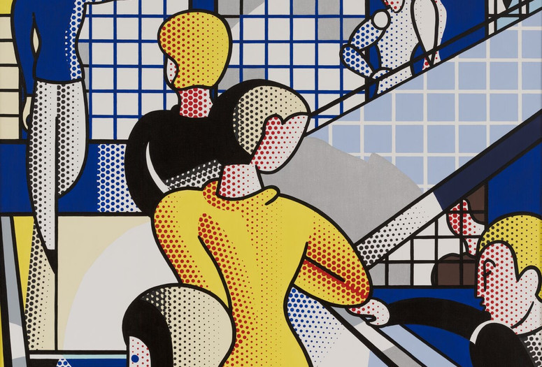 Roy Lichtenstein. Bauhaus Stairway. 1988. Oil and magna on canvas. The Museum of Modern Art, New York. Gift of Dorothy and Roy Lichtenstein Image description: A Pop art painting of a populated stairway, angled to the left and then doubling back on itself to the right as it ascends, with checkered grids in the background. Five figures climb up while holding the rails, painted in a comic book-style with red, blue, and yellow hatched lines and dots.