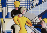 Roy Lichtenstein. Bauhaus Stairway. 1988. Oil and magna on canvas. The Museum of Modern Art, New York. Gift of Dorothy and Roy Lichtenstein Image description: A Pop art painting of a populated stairway, angled to the left and then doubling back on itself to the right as it ascends, with checkered grids in the background. Five figures climb up while holding the rails, painted in a comic book-style with red, blue, and yellow hatched lines and dots.