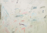 Cy Twombly. The Italians. Rome, January 1961. Oil, pencil, and crayon on canvas. The Museum of Modern Art, New York. Blanchette Hooker Rockefeller Fund. © 2024 Cy Twombly Foundation Image description: A white canvas with various scribbled, graffiti-like loops, crosses, and shapes contrasting against the surface, painted in black, red, blue, and orange. A rubbing of charcoal on the far left side of the canvas reveals a stretcher bar beneath it. A red heart is at the bottom, and “roma” is written just beneath the artist’s signature at the top right.