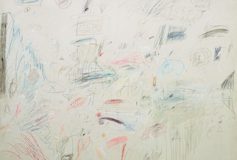 Cy Twombly. The Italians. Rome, January 1961. Oil, pencil, and crayon on canvas. The Museum of Modern Art, New York. Blanchette Hooker Rockefeller Fund. © 2024 Cy Twombly FoundationImage description: A white canvas with various scribbled, graffiti-like loops, crosses, and shapes contrasting against the surface, painted in black, red, blue, and orange. A rubbing of charcoal on the far left side of the canvas reveals a stretcher bar beneath it. A red heart is at the bottom, and “roma” is written just beneath the artist’s signature at the top right.