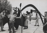 Curator Dorothy Miller installing Alexander Calder’s Black Widow (1959) in The Abby Aldrich Rockefeller Sculpture Garden, 1967. The Museum of Modern Art Archives, New York. Photograph by Dan Budnik. ©2023 The Estate of Dan Budnik.