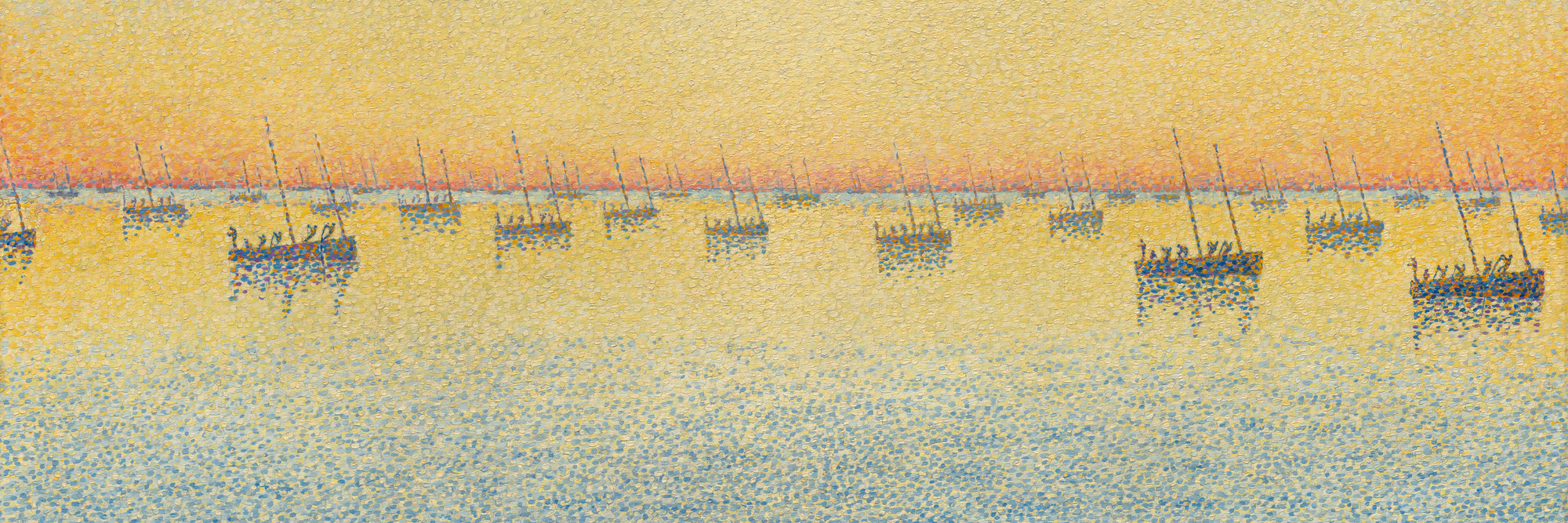 Paul Signac. Setting Sun. Sardine Fishing. Adagio. Opus 221 from the series The Sea, The Boats, Concarneau. 1891. Oil on canvas, 25 5/8 × 31 7/8&#34; (65 × 81 cm). The Museum of Modern Art, New York. Mrs. John Hay Whitney Bequest. © 2024 Artists Rights Society (ARS), New York/ADAGP, Paris