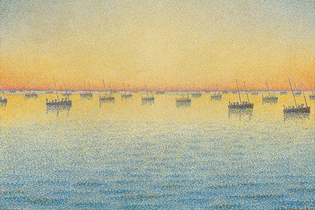 Paul Signac. Setting Sun. Sardine Fishing. Adagio. Opus 221 from the series The Sea, The Boats, Concarneau. 1891. Oil on canvas, 25 5/8 × 31 7/8&#34; (65 × 81 cm). The Museum of Modern Art, New York. Mrs. John Hay Whitney Bequest. © 2024 Artists Rights Society (ARS), New York/ADAGP, Paris