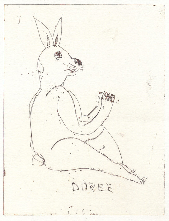 Exhibition invitation for Thomas Schütte: Dürer, Galerie Nelson, Paris, September 21–November 8, 2002. Pictured: Quengelware Nr. 40 from Quengelware. 2002. Etching on paper