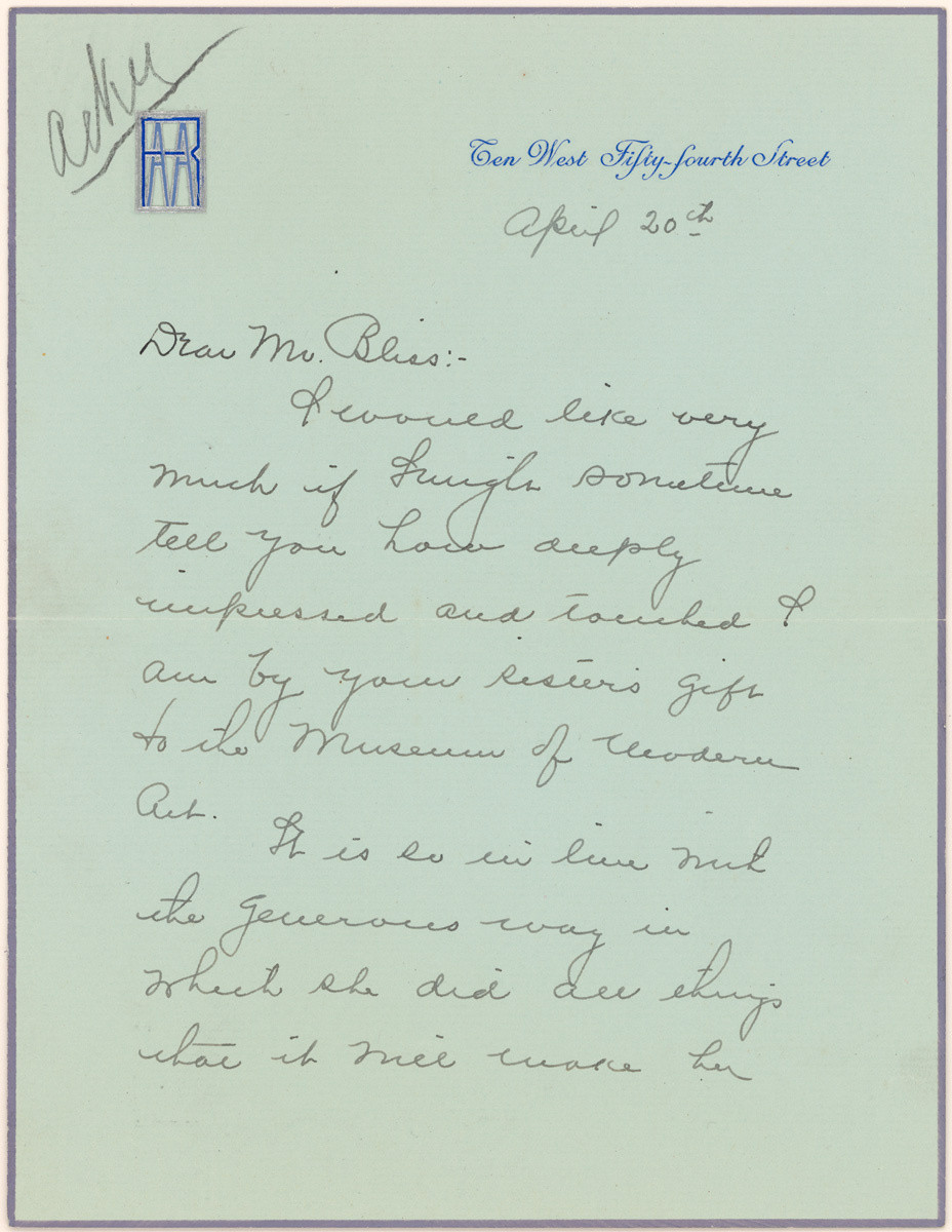 Letter from Abby Aldrich Rockefeller to Cornelius Newton Bliss, Jr. regarding Lillie P. Bliss's bequest, April 20, 1931