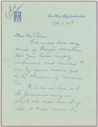 Letter from Abby Aldrich Rockefeller to Cornelius Newton Bliss, Jr. regarding Lillie P. Bliss's bequest, April 20, 1931
