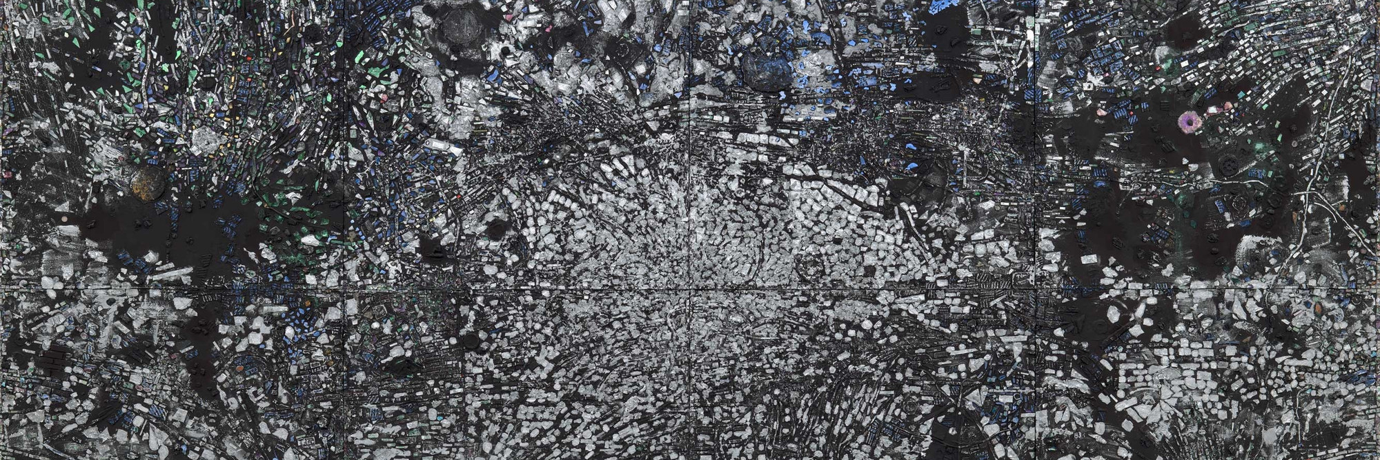 Jack Whitten. Atopolis: For Édouard Glissant. 2014. Acrylic on canvas, eight panels, overall 124 1/2 × 248 1/2″ (316.2 × 631.2 cm). The Museum of Modern Art, New York. Acquired through the generosity of Sid R. Bass, Lonti Ebers, Agnes Gund, Henry and Marie-Josée Kravis, Jerry Speyer and Katherine Farley, and Daniel and Brett Sundheim