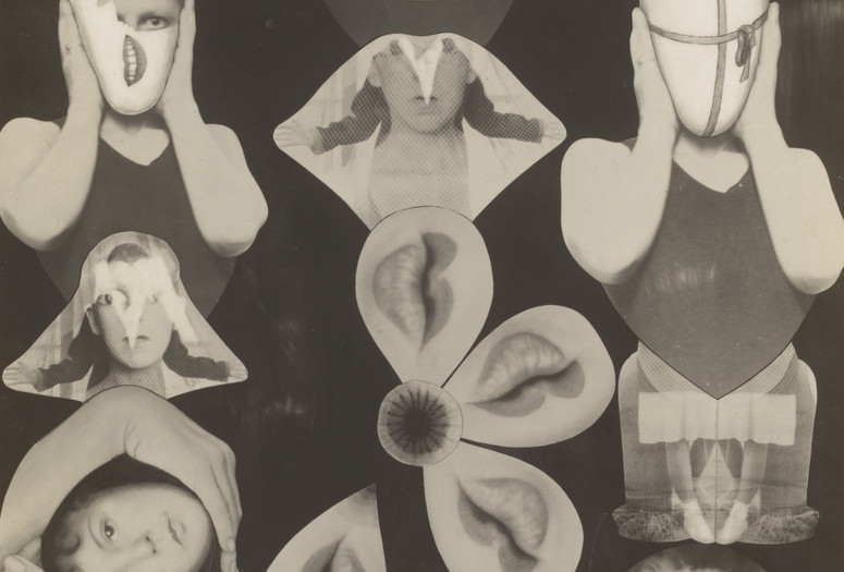 Claude Cahun. M.R.M (Sex). c. 1929–30. Gelatin silver print. The Museum of Modern Art, New York. Gift of Helen Kornblum in honor of Roxana MarcociImage description: Black-and-white collaged photomontage of fragmented body parts from self-portraits of the artist, a white Jewish person. Lips, hands, heads, arms folded to cover their ears, and masculine and feminine faces are positioned in various orientations, covering the black background in three columns. The top left corner has a hand written message in French: “Ici le bourreau prend des ains de victime. Mais tu sais à quoi t’en tenir. Claude,” which roughly translates to “Here the executioner takes on the airs of a victim. But you know what to believe. Claude.”
