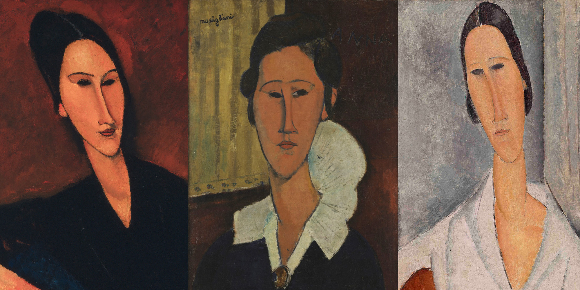 From left: Amedeo Modigliani. Anna Zborowska. 1917. Oil on canvas. The Museum of Modern Art, New York. Lillie P. Bliss Collection (detail) Portrait of Hanka Zborowska. 1917. Oil on canvas. La Galleria Nazionale, Rome; Amedeo Modigliani. Madame Hanka Zborowska Leaning on a Chair (Madame Hanka Zborowska accoudée à une chaise). 1919. Oil on canvas. The Barnes Foundation, BF375 (detail)