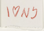 Milton Glaser. I ♥ NY concept sketch. 1976. The Museum of Modern Art, New York. Gift of the designer. © 2025 NYS Dept. of Economic DevelopmentImage description: A drawing on a cream colored envelope that is torn across the bottom, with the words “I Heart NY” scrawled in thick red crayon across the paper. The “heart” is the drawn shape of a heart, not the written word.