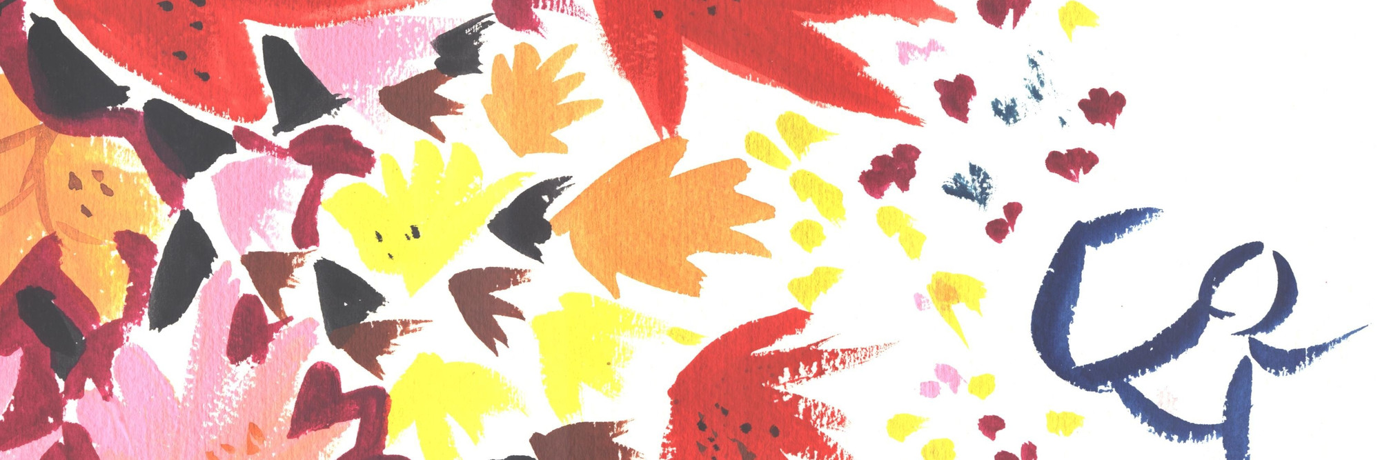 Bridgehampton. 1998. USA. Directed by John Canemaker.Image description: A small, simply painted figure in blue kicks up leaves large and small, in red, brown, yellow, orange, pink, black, and blue.