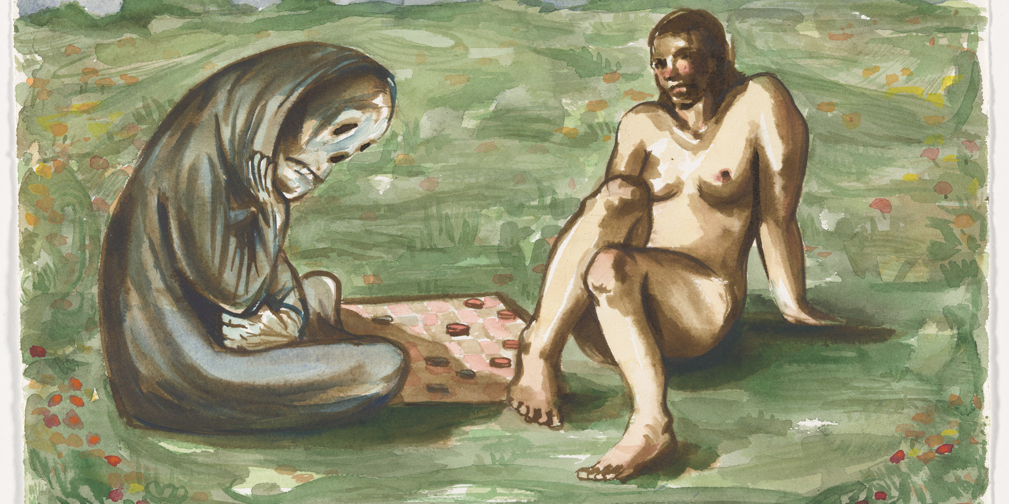 Nicole Eisenman. Death Playing Checkers. 2002. Watercolor and ink on paper, 11 × 15 3/4&#34; (27.9 × 40 cm). The Museum of Modern Art, New York. Gift of the Tilton Family Collection. © 2025 Nicole Eisenman