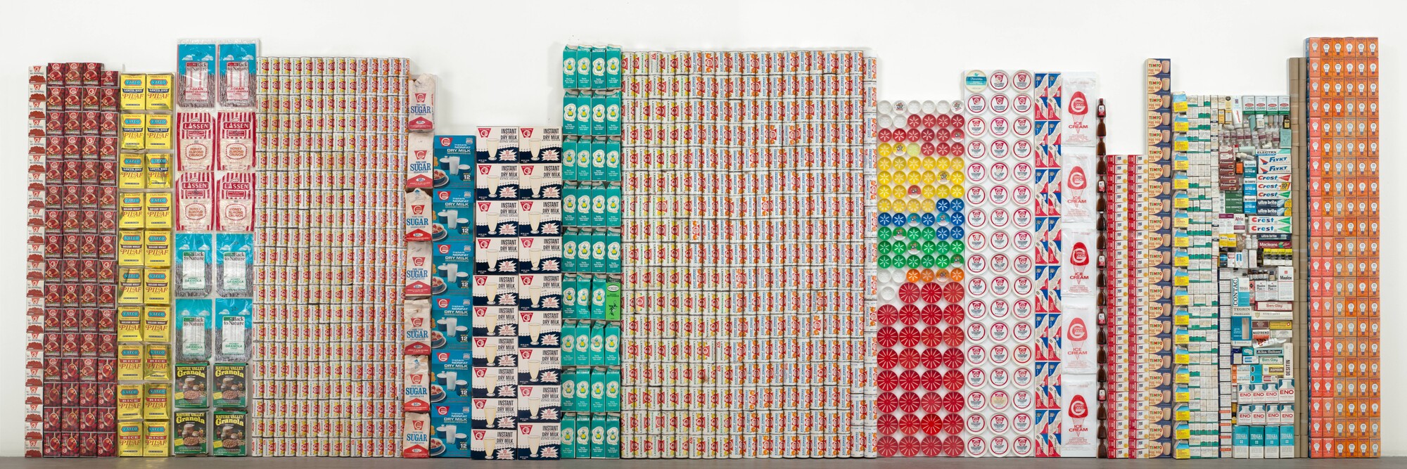 George Maciunas. One Year. 1973–74. Various empty containers and packaging, installation (approx.): 85 13/16 × 275 7/8 × 4 1/4&#34; (218 × 700.7 × 10.8 cm). The Gilbert and Lila Silverman Fluxus Collection Gift