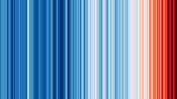 Ed Hawkins. Warming Stripes, 1850–2023. 2018–ongoing. Digital file, data visualization graphics