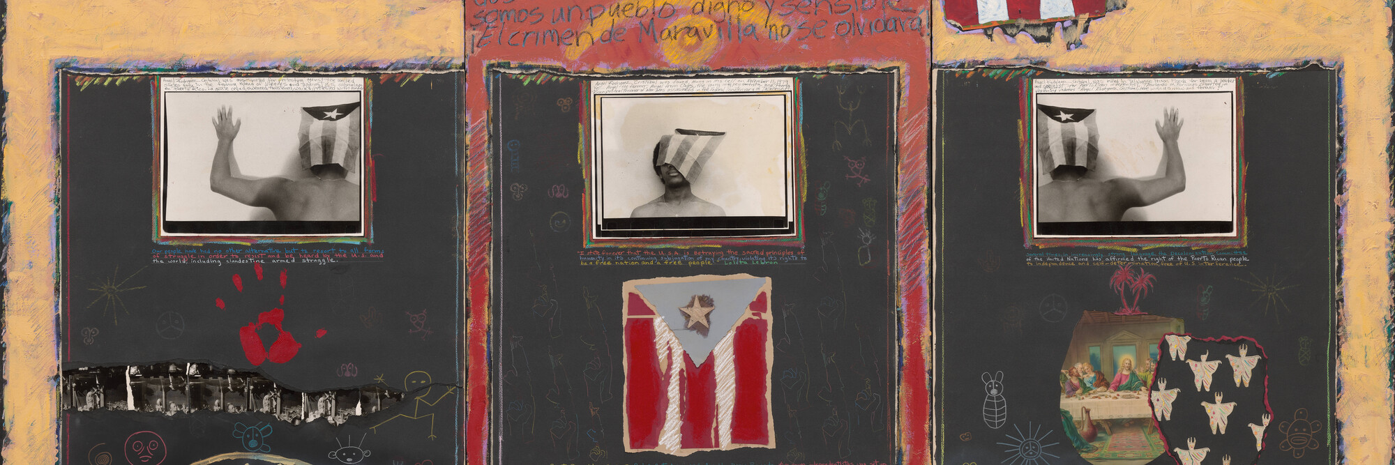 Juan Sanchez. Mixed Statement. 1984. Oil and metallic paint, pencil, colored pencil, oil pastel, marker, paper money, fabric, thread, leaves, painted, printed, torn, and cut-and-pasted colored paper, and gelatin silver prints on canvas, on three panels, 54&#34; × 8&#39; (137.2 × 243.8 cm). The Museum of Modern Art, New York. Gift of Harry Torczyner (by exchange), 2024.