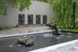 The Abby Aldrich Rockefeller Sculpture Garden, May 2024. Photo: Jonathan Dorado. Shown: Lynda Benglis. Double Fountain, Mother and Child. 2007. Bronze, in two parts. The Museum of Modern Art, New York. Gift of the artist and the Fuhrman Family Foundation; Henri Matisse. The Back (I). Spring 1908–late 1909; The Back (II). 1911 (?)–early March or April 1913; The Back (III). May 13, 1913–early fall 1916; The Back (IV). c. 1931. Bronze. The Museum of Modern Art, New York. Mrs. Simon Guggenheim Fund. © 2025 Succession H. Matisse/Artists Rights Society (ARS), New York