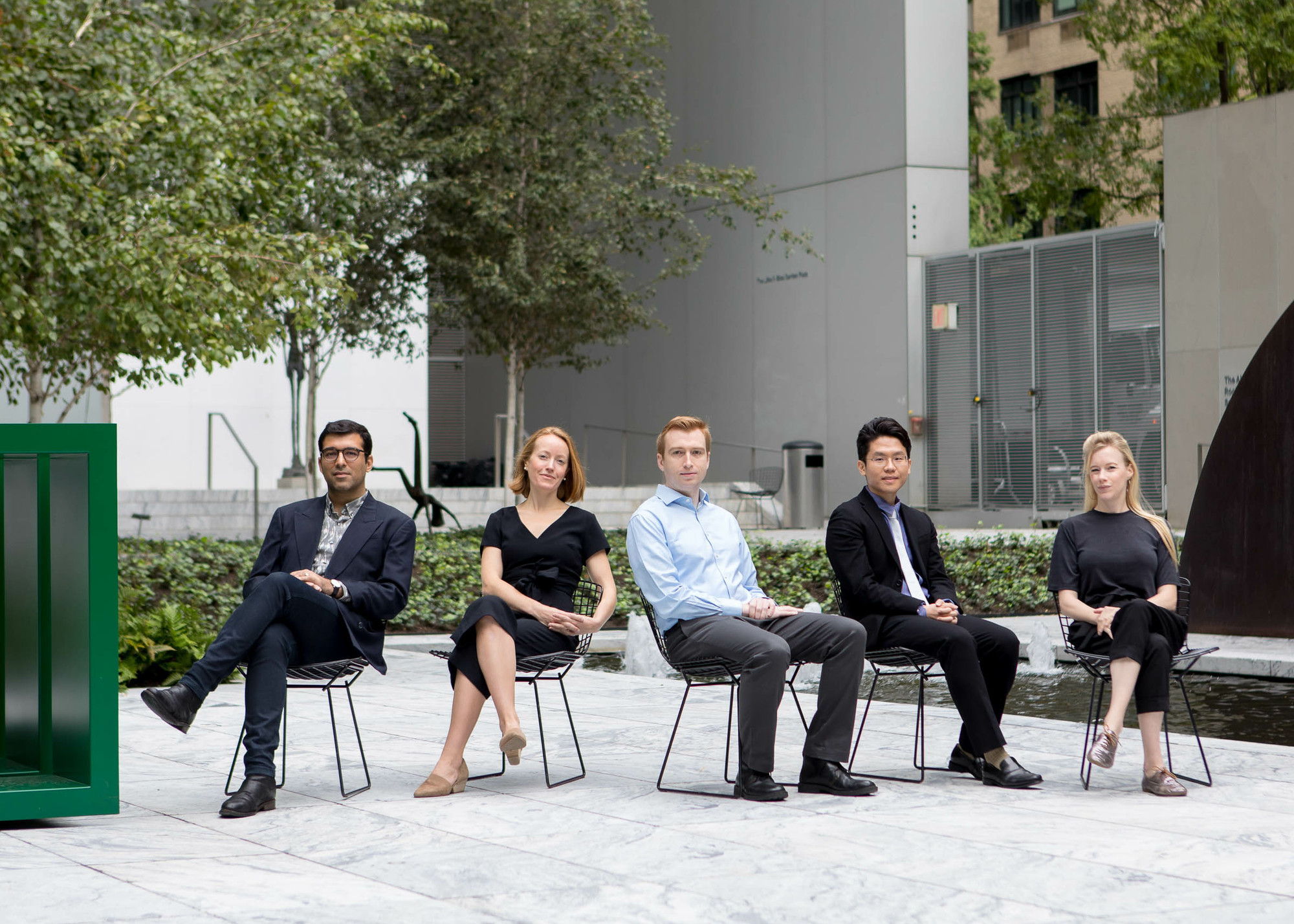 2019–20 MRC Fellows, from left: Rattanamol Singh Johal, Annemarie Iker, Andrew Vielkind, Da Hyung Jeong, and Dana Liljegren. Photo: Marcin J. Muchalski, Diamond Shot Studio