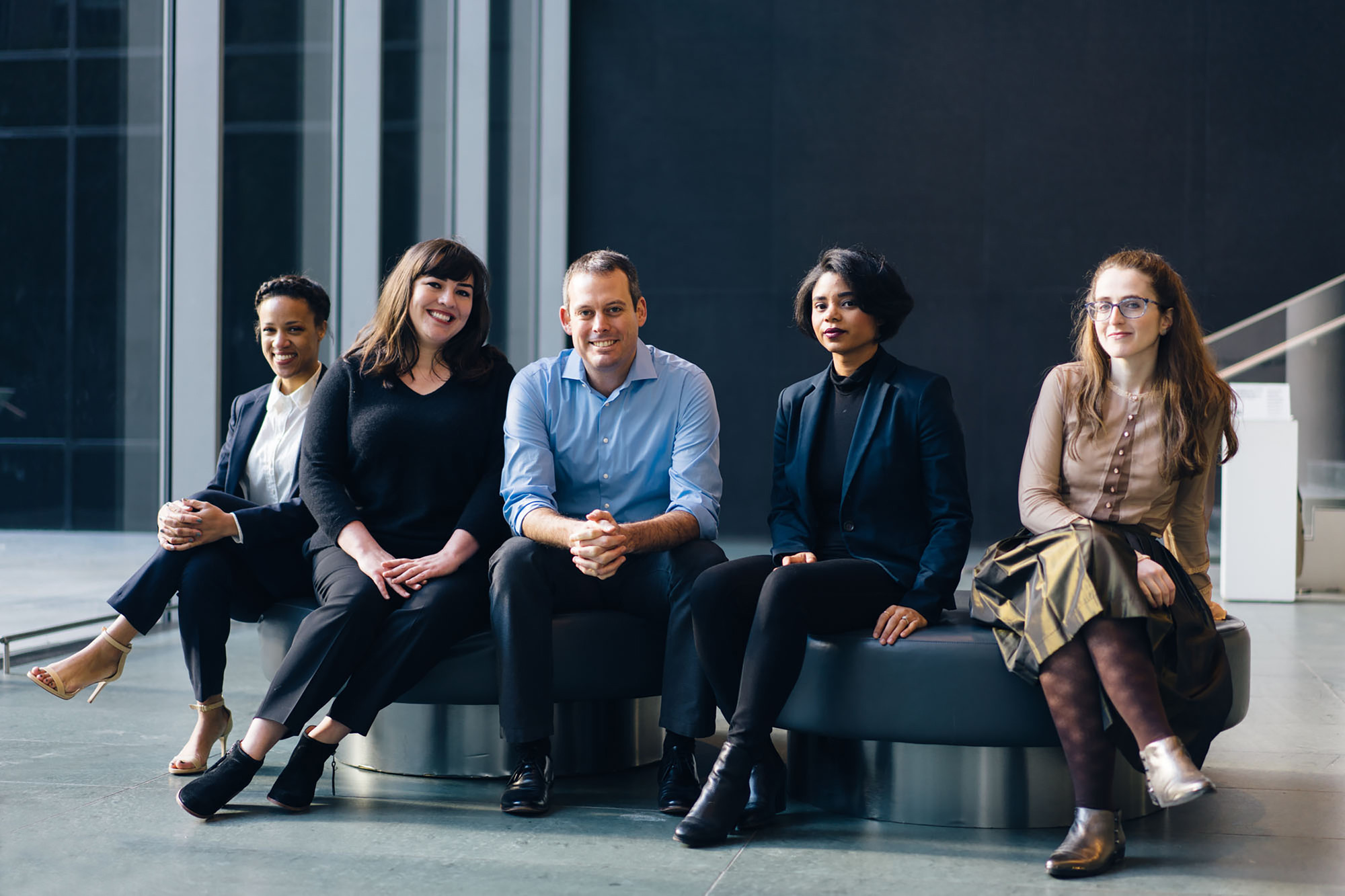 2016–17 MRC Fellows, from left: Ashley James, Elizabeth Gollnick, Matthew Worsnick, Jessica Bell Brown, and Abigail Lapin Dardashti. Photo: Amanda Kirkpatrick