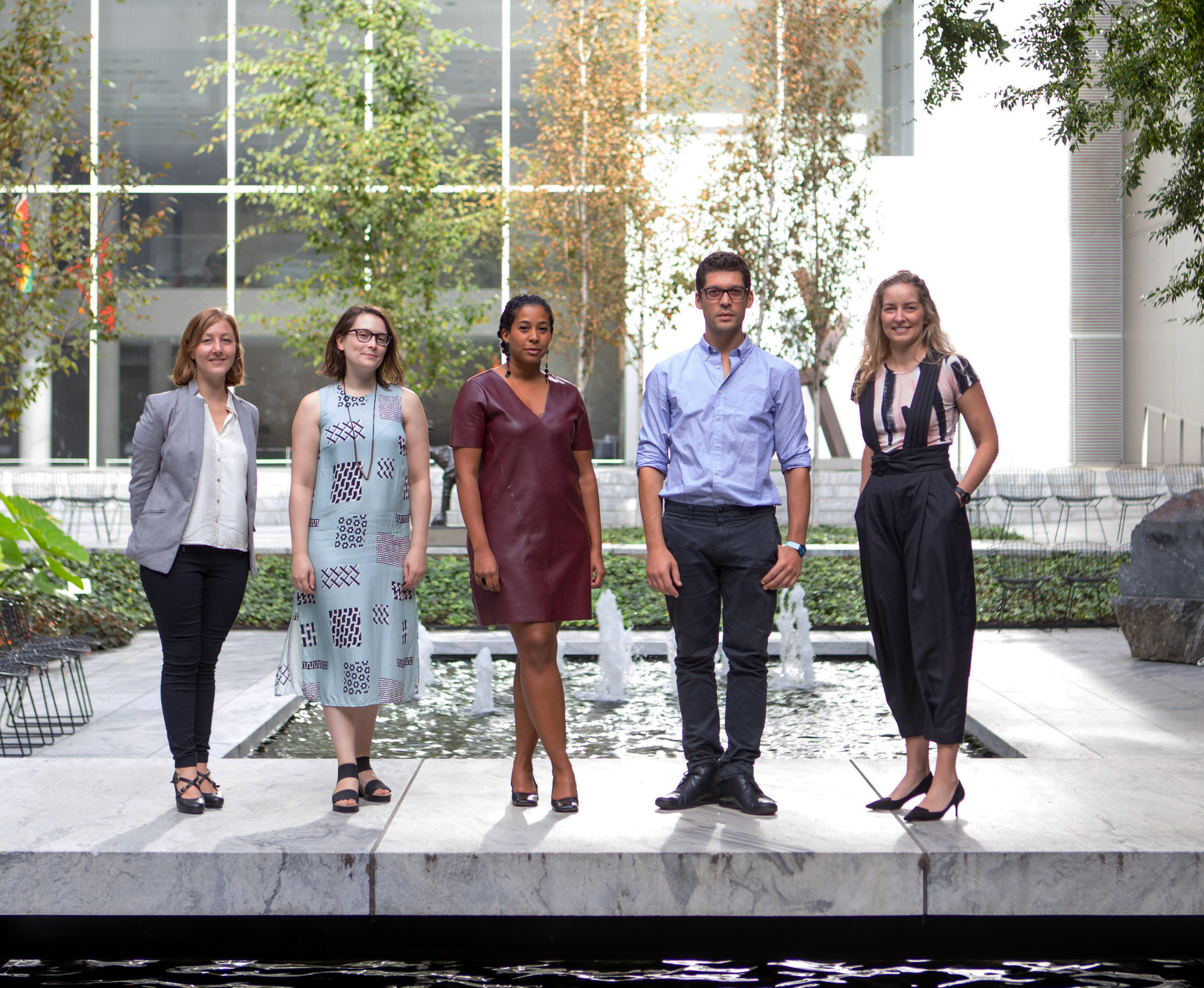 2017-18 MRC Fellows, from left: Julia Bozer, Liz Donato, Vivian Crockett, Theodossis Issaias, and Erica Cooke. Photo: Marcin J. Muchalski, Diamond Shot Studio