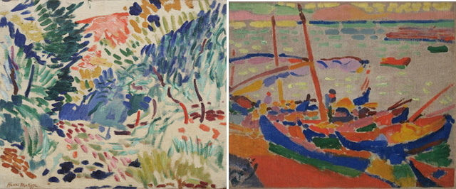 Left: Henri Matisse. Landscape at Collioure. 1905. Right: André Derain. Fishing Boats, Collioure. 1905