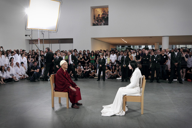 Marina Abramović sits with the second-to-last sitter: Lama Doboom Tulku Rinpoche, a long time friend of the artist and Director of the Tibet House, the cultural center of the Dalai Lama in New Delhi. © 2010 Photograph by Marco Anelli